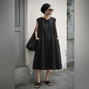 Night Studio 100% Linen Lagenlook Oversized Dress Pockets Minimalist Art To Wear